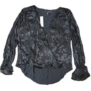 NWT White House Black Market Women's Silk Floral Ruffle Sleeve Blouse Black Top